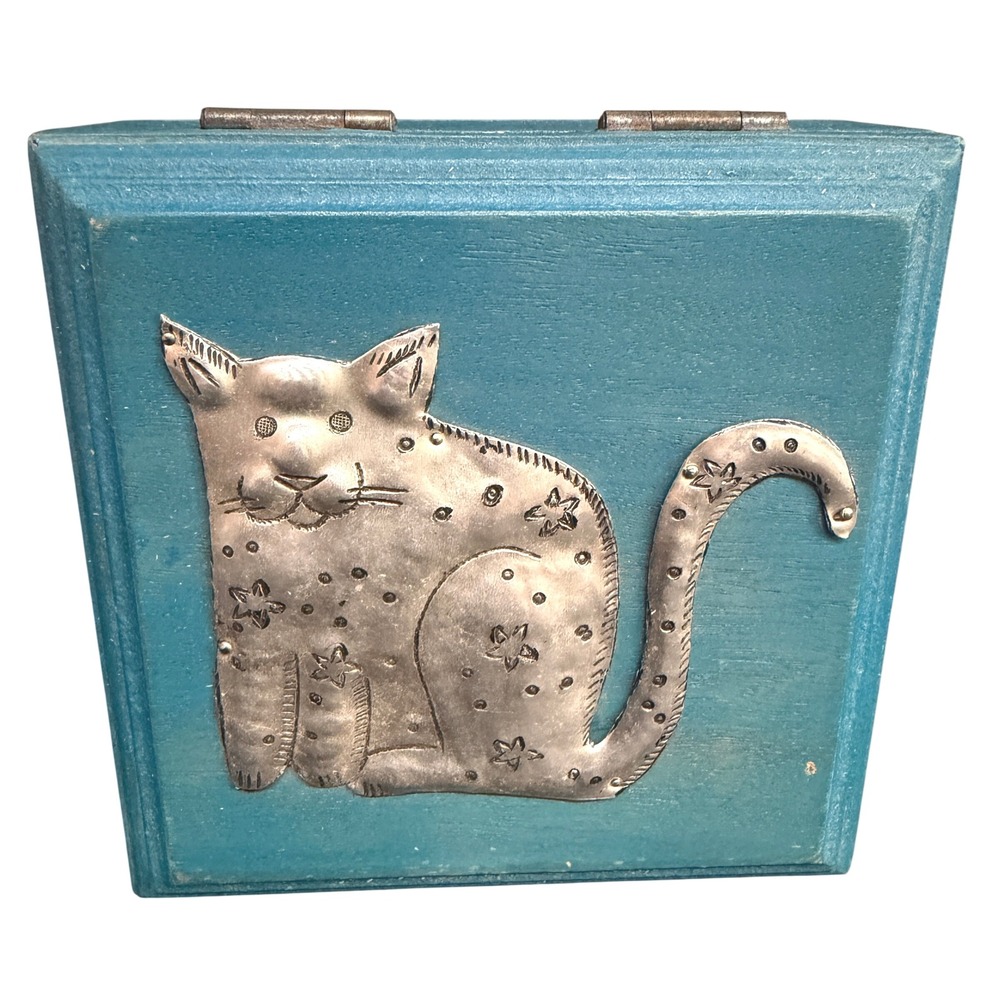 Vintage Teal Blue Wood Trinket Box Metal Cat Embossed Folk Art Jewelry Box 5x5